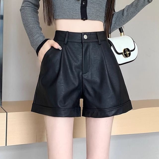 Leather Shorts Waist High Plain Faux