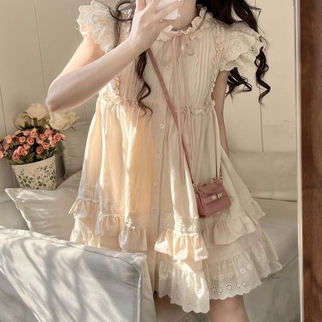 Cap Sleeve Ruffle Dress Round Bow Neck Embroidered Mini A-Line