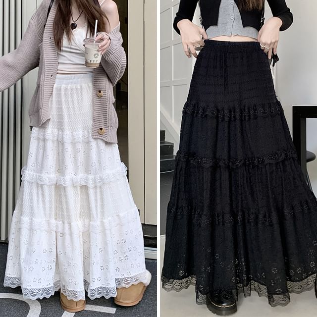 Ruffle Panel Maxi A-Line Skirt with Elastic Waist