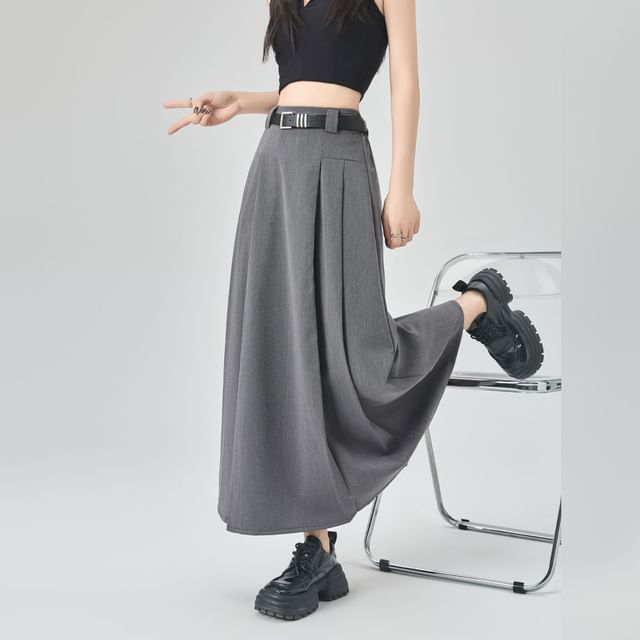 Pleated A-Line Midi Skirt with High Waist