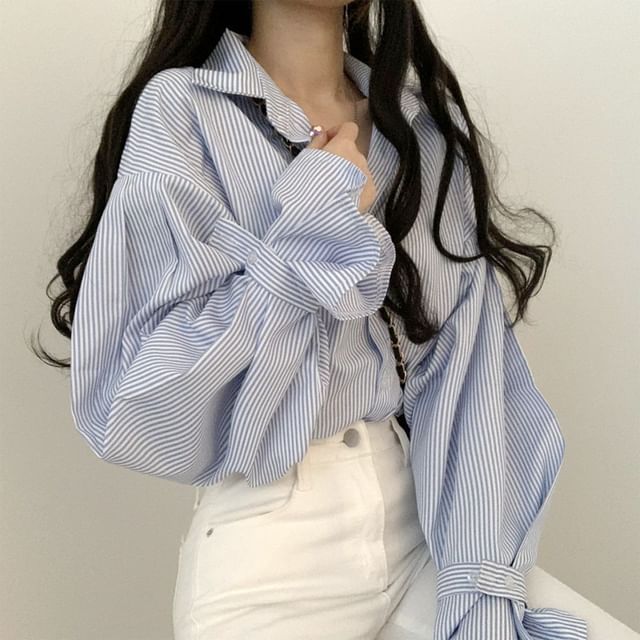 Puff-Sleeve Striped Button-Up Blouse