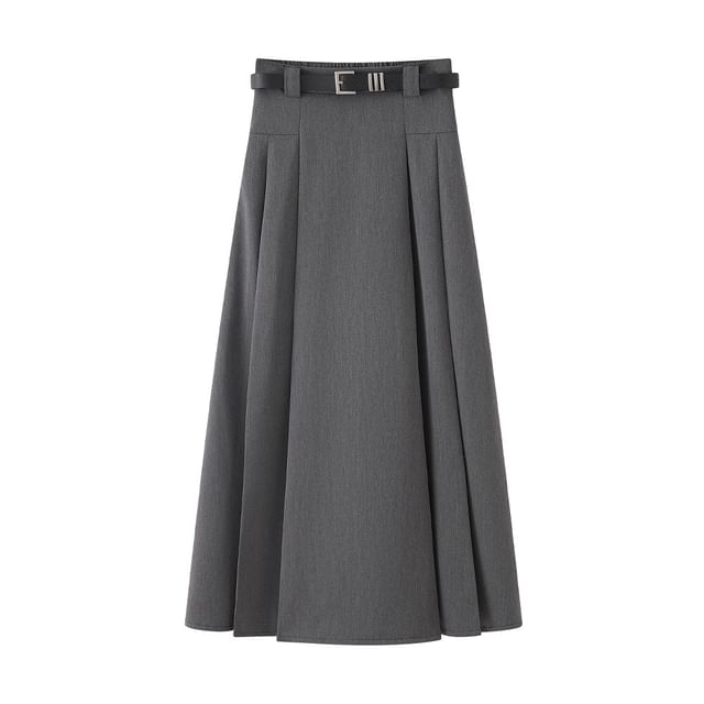 Pleated A-Line Midi Skirt with High Waist