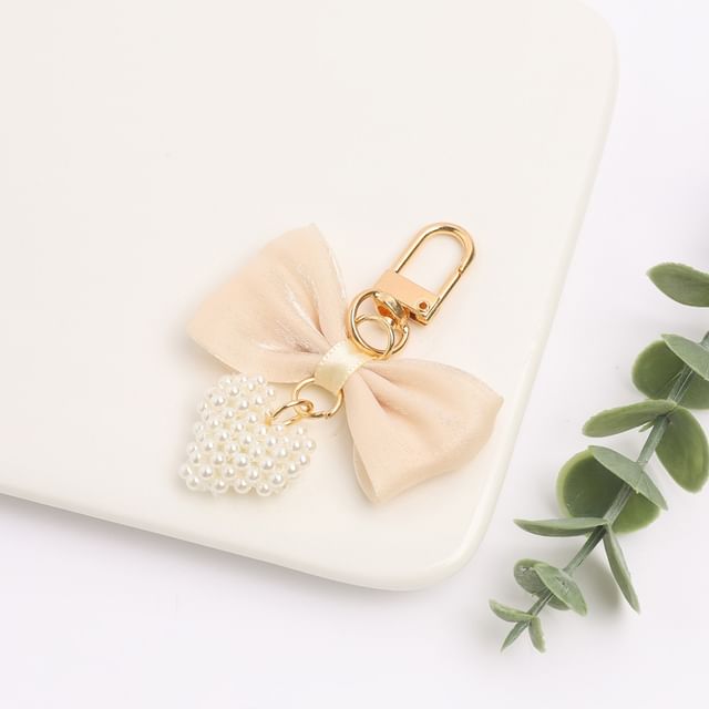 Bow Fabric Heart Faux Pearl Bag Charm Keyring (Various Designs)