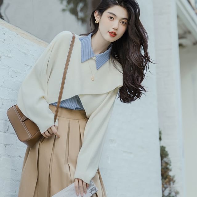 Long-Sleeve Plain Crop Top / Striped Shirt / High Waist Maxi A-Line Pleated Skirt / Set