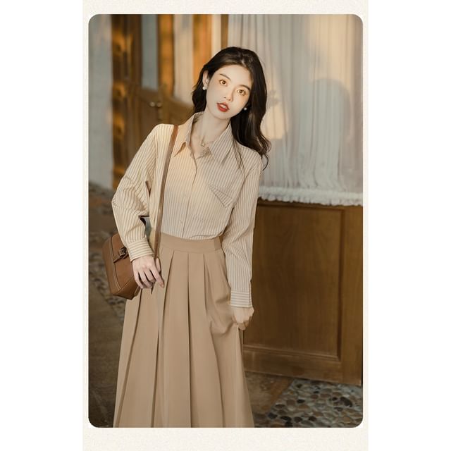 Long-Sleeve Plain Crop Top / Striped Shirt / High Waist Maxi A-Line Pleated Skirt / Set