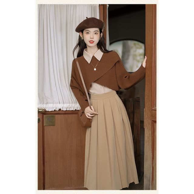 Long-Sleeve Plain Crop Top / Striped Shirt / High Waist Maxi A-Line Pleated Skirt / Set