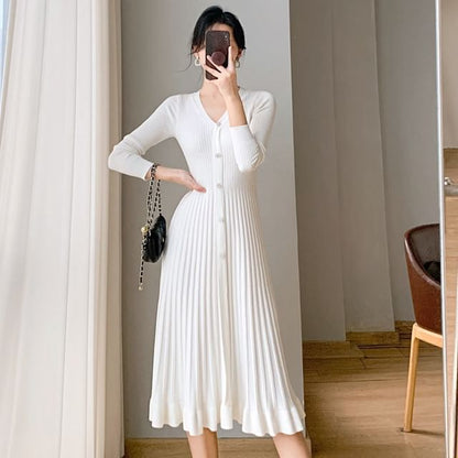 Long-Sleeve V-Neck Plain Ribbed Knit Midi A-Line Dress