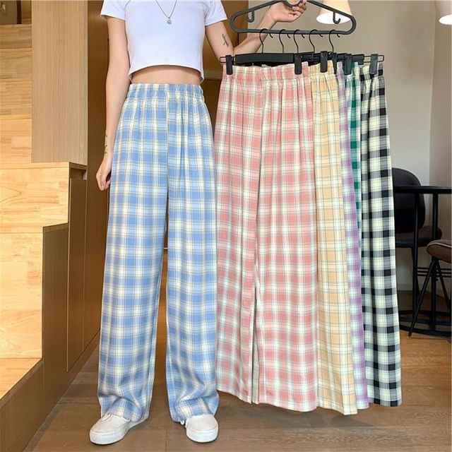Waist Leg Elastic Wide Plaid Pants