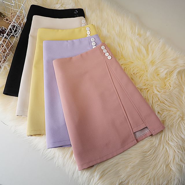 Skirt Button Plain A-Line Panel High Mini Waist