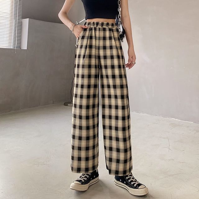 Waist Leg Elastic Wide Plaid Pants