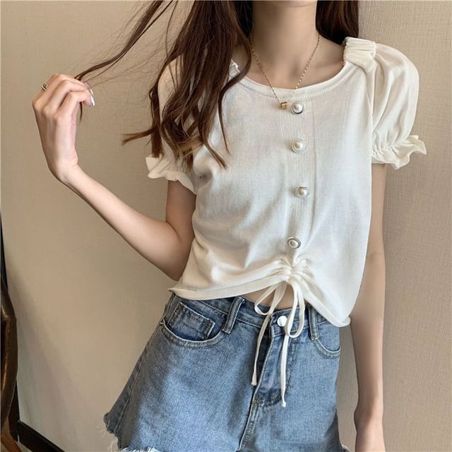 Neck Pearl Drawstring Faux Square Knit Short-Sleeve Button Plain Top