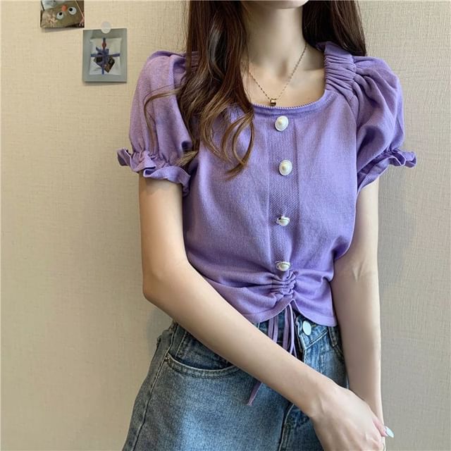 Neck Pearl Drawstring Faux Square Knit Short-Sleeve Button Plain Top