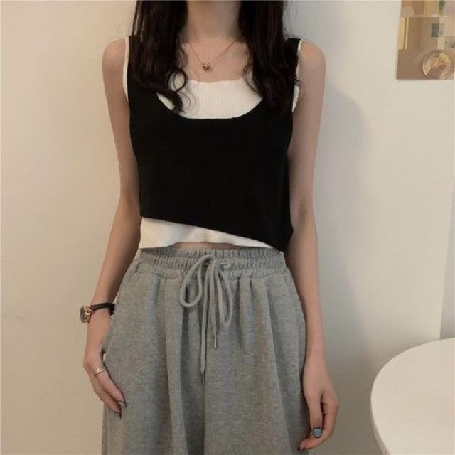 Knit Mock Piece Top Scoop Two Neck Tank