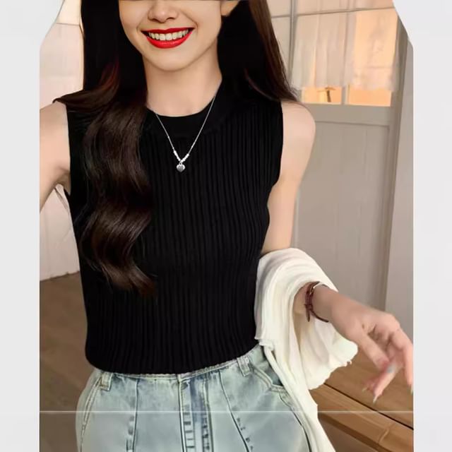 Tank Crew Knit Ribbed Top Neck Plain