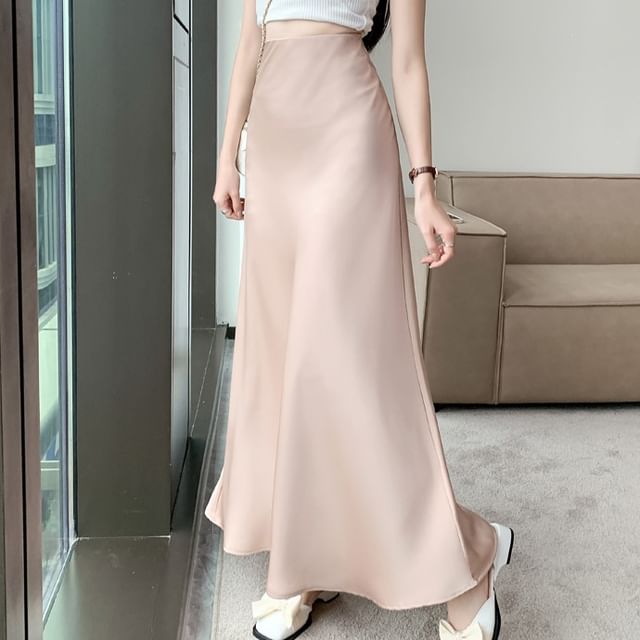 High Waist A-Line Maxi Skirt in Solid Tone