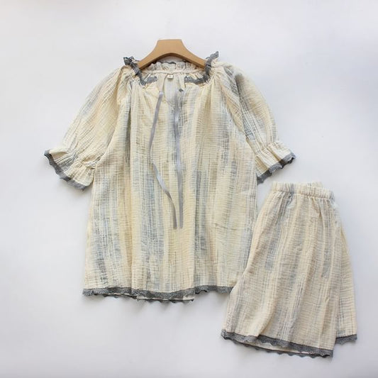 Pajama Set: Striped Lace-Trim Short-Sleeve Top with Shorts