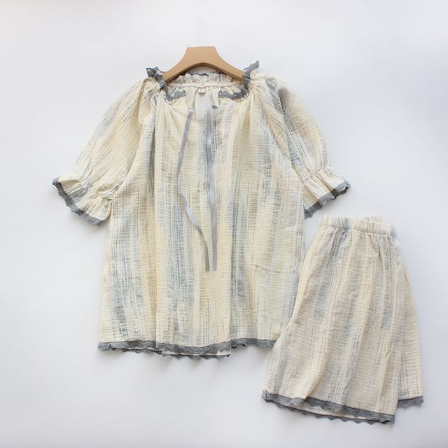 Pajama Set: Striped Lace-Trim Short-Sleeve Top with Shorts