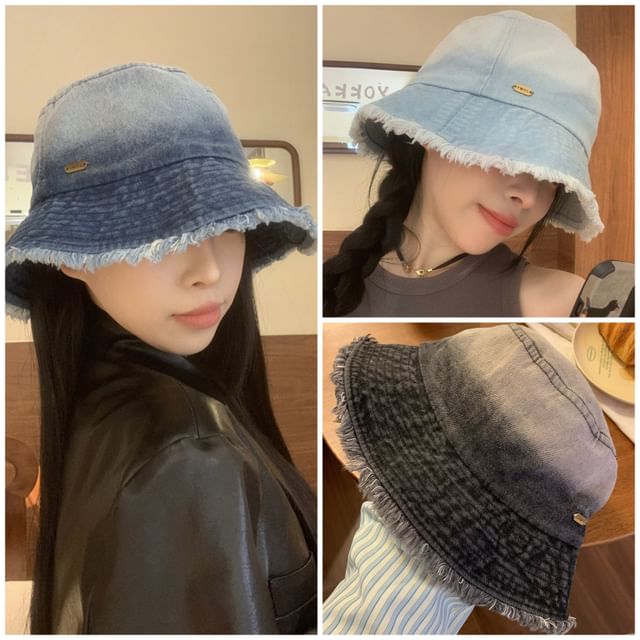 Hat Bucket Gradient Denim Washed Frayed