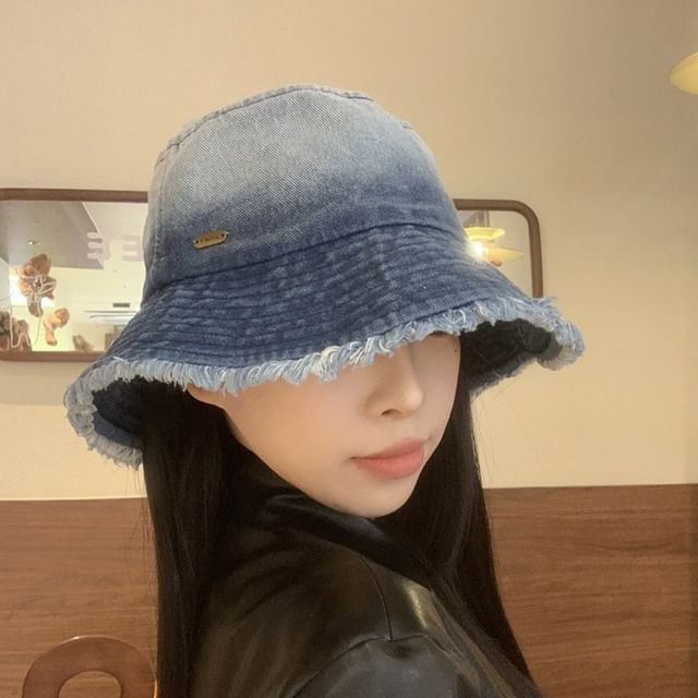 Hat Bucket Gradient Denim Washed Frayed