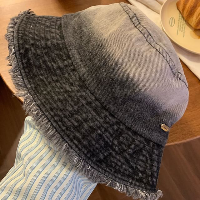 Hat Bucket Gradient Denim Washed Frayed