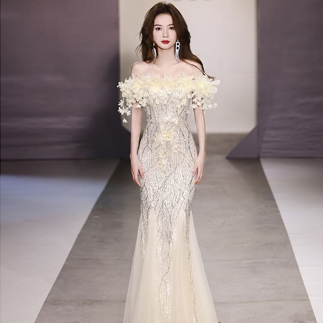 Mermaid Detail Evening Sequin Gown Flower Off-Shoulder