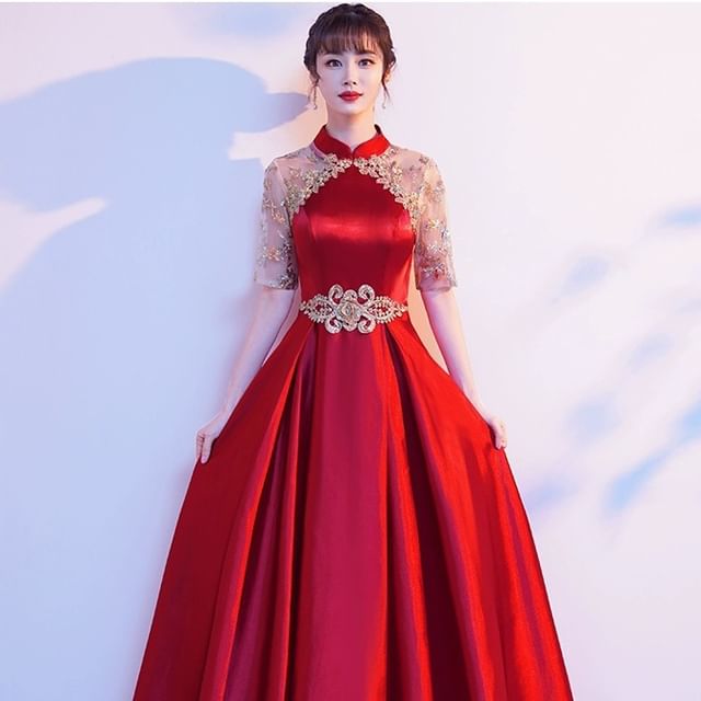 Sequin Short-Sleeve A-Line Gown Evening