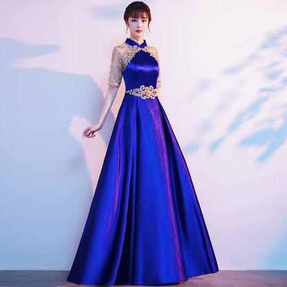 Short-Sleeve Sequin A-Line Evening Gown