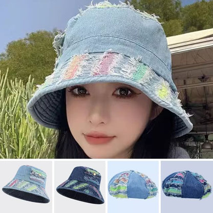 Washed Distressed Denim Bucket Hat / Beret