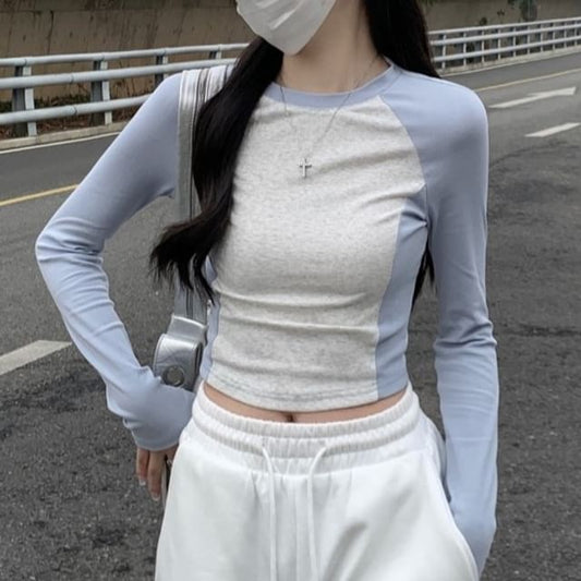 Long-Sleeve Crew Neck Two Tone Cropped T-Shirt