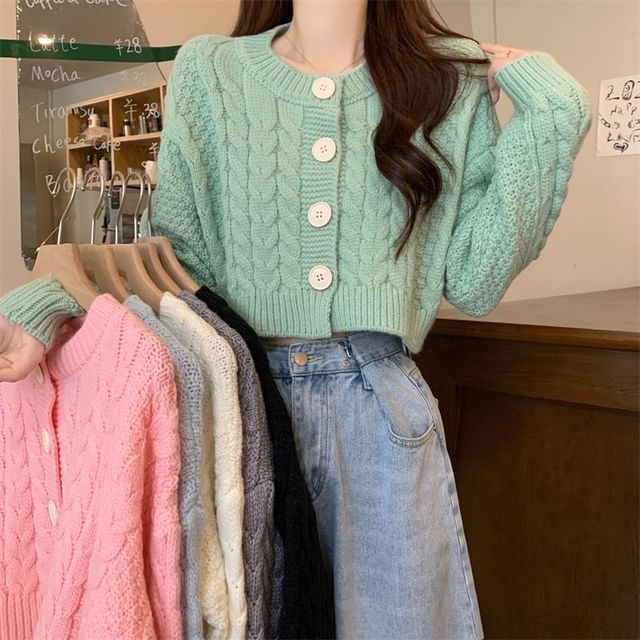 Plain Cable-Knit Cropped Cardigan