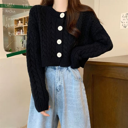 Plain Cable-Knit Cropped Cardigan