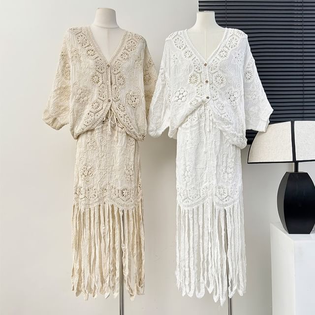 Lace V-Neck Blouse with Fringed High-Waist Pencil Skirt
