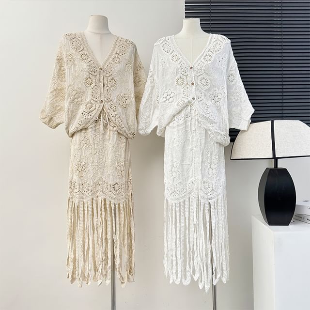 Fringed Denim Pencil Skirt with Lace V-Neck Blouse