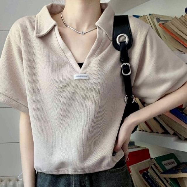 Drawstring V-Neck Applique Short-Sleeve Shirt Polo Hem