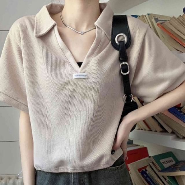 Drawstring V-Neck Applique Short-Sleeve Shirt Polo Hem