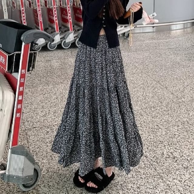 Waist Floral Skirt Midi A-Line Elastic