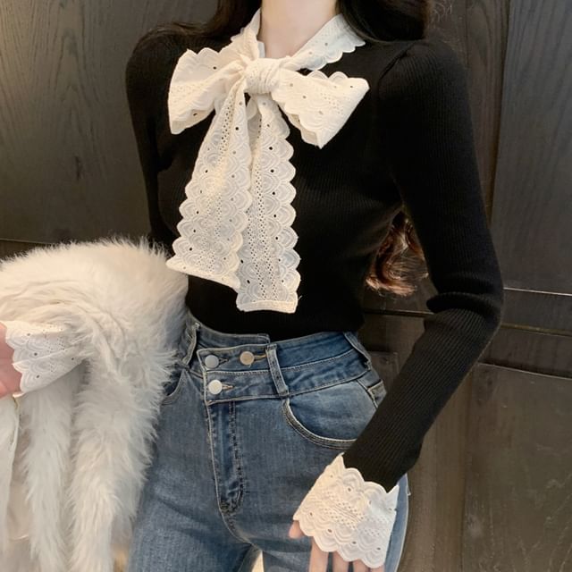 Tie-Neck Lace-Trim Knit Long-Sleeve Top