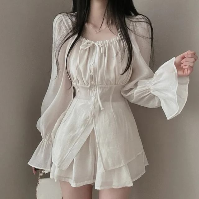 Puff-Sleeve Square-Neck Blouse and A-Line Mini Skirt Set
