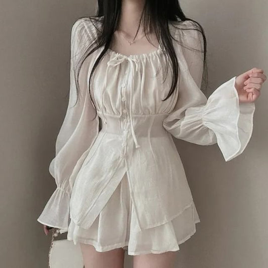 Puff-Sleeve Square-Neck Blouse and A-Line Mini Skirt Set