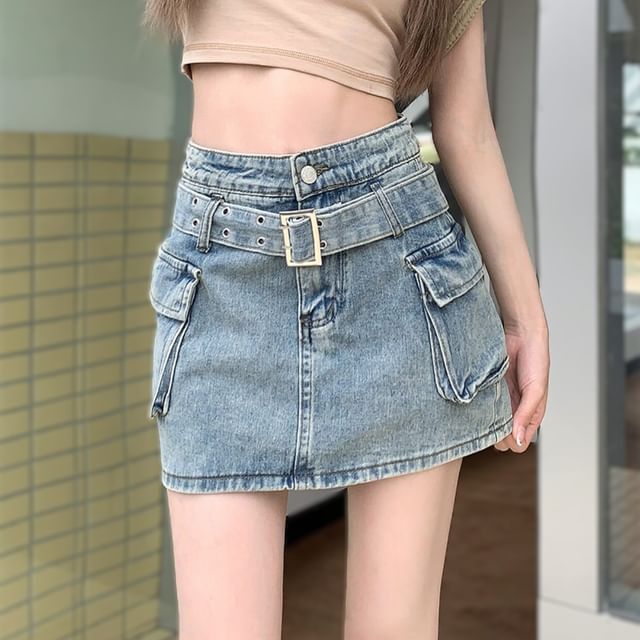Washed Denim Mini Skirt with Belted High Waist