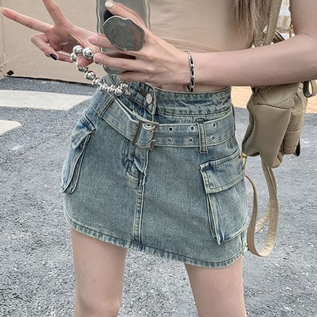 Washed Denim Mini Skirt with Belted High Waist
