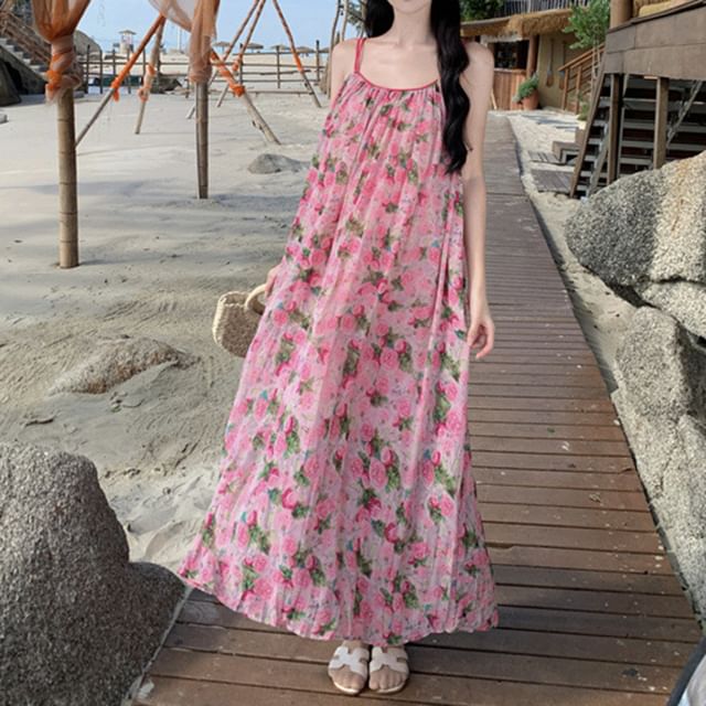 Spaghetti Strap Scoop Dress A-Line Neck Floral Maxi