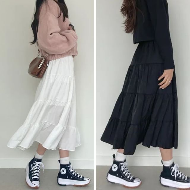A-Line Midi Skirt with Elastic Waist and Tiered Layers