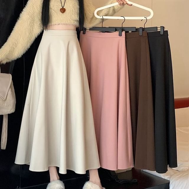 Plain A-Line Midi Skirt with High Waist