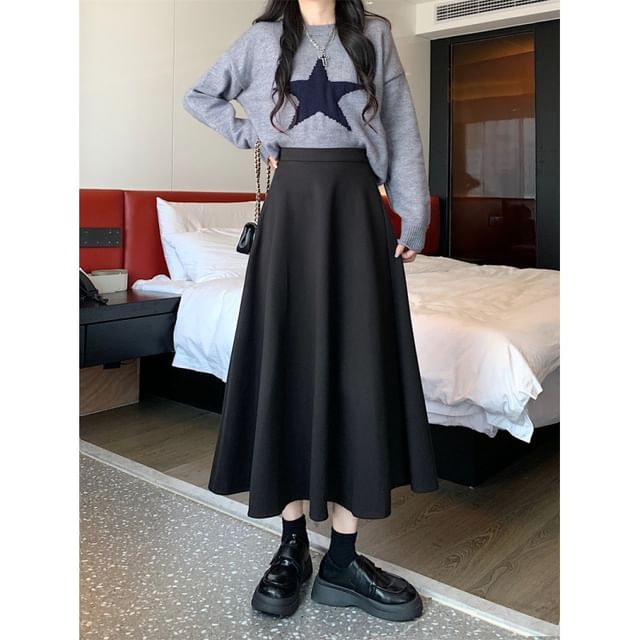Plain A-Line Midi Skirt with High Waist