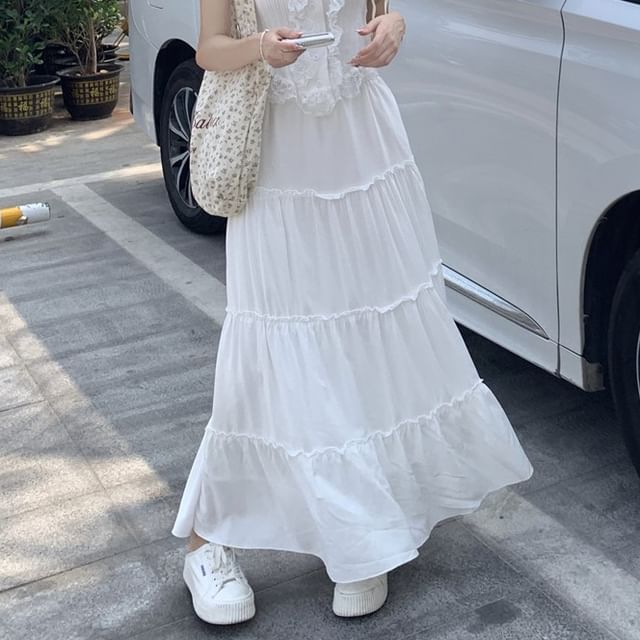 High-Rise A-Line Maxi Skirt with Lace-Trim Tank