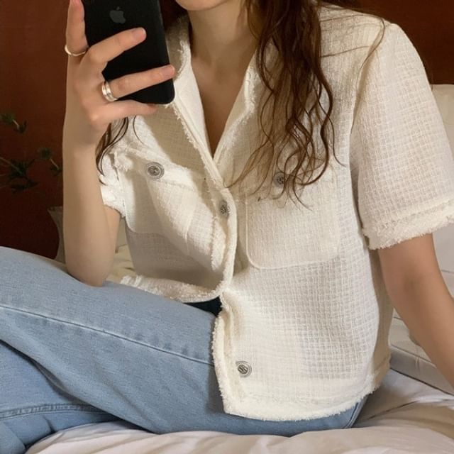 Short-Sleeve Tweed Tassel Trim Button-Up Jacket