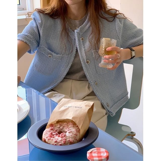Short-Sleeve Tweed Tassel Trim Button-Up Jacket