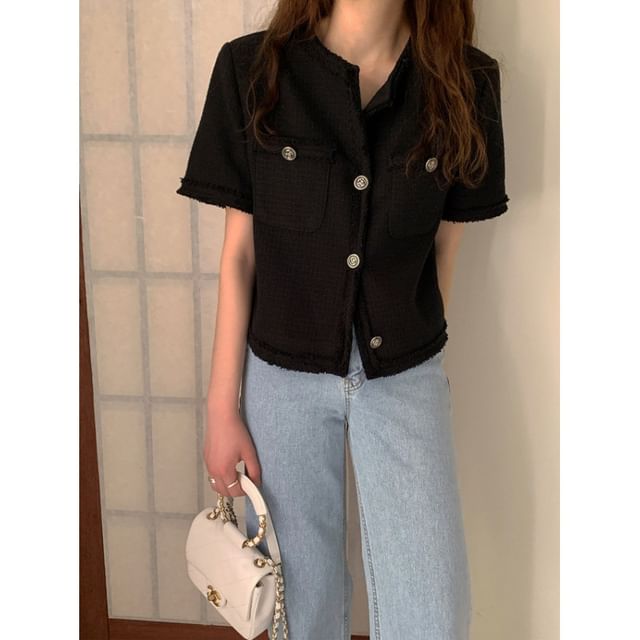 Short-Sleeve Tweed Tassel Trim Button-Up Jacket