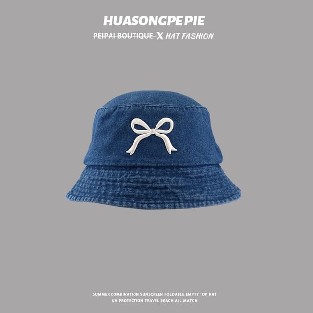 Embroidered Bow Bucket Hat Denim